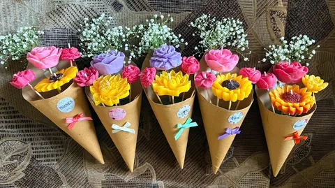 Candle Bouquet Cone Assorted flowers, soy wax candle bouquet by Ashanjali Apothecary